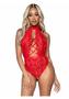 Leg Avenue High Neck Floral Lace Backless Teddy With Lace Up Accents And Crotchless Thong Panty - Small - Red